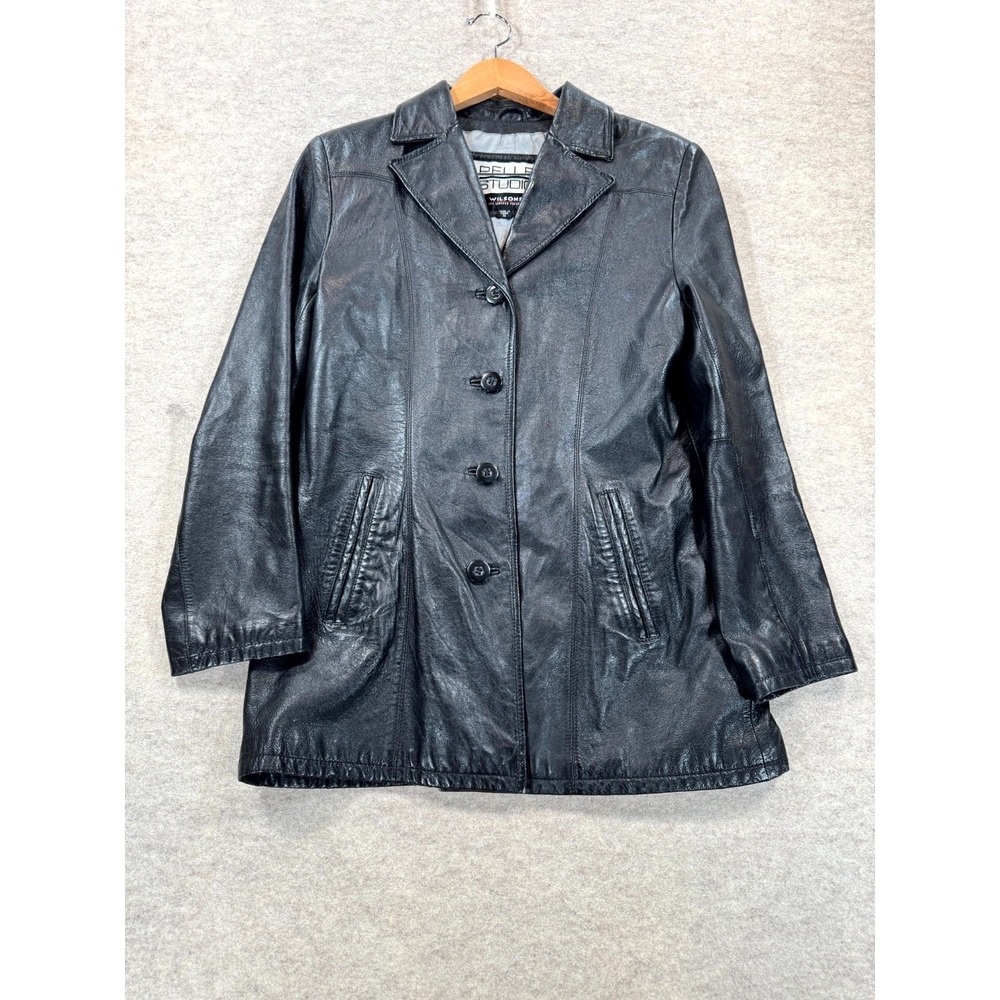 Wilsons Leather Pelle Studio Jacket Womens Small Black Leather Button Front